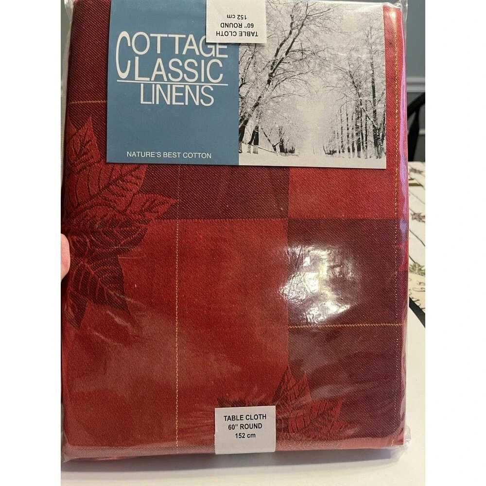 Cottage Classic Linens Poinsettia Square Jacquard 60” Round Red Tablecloth